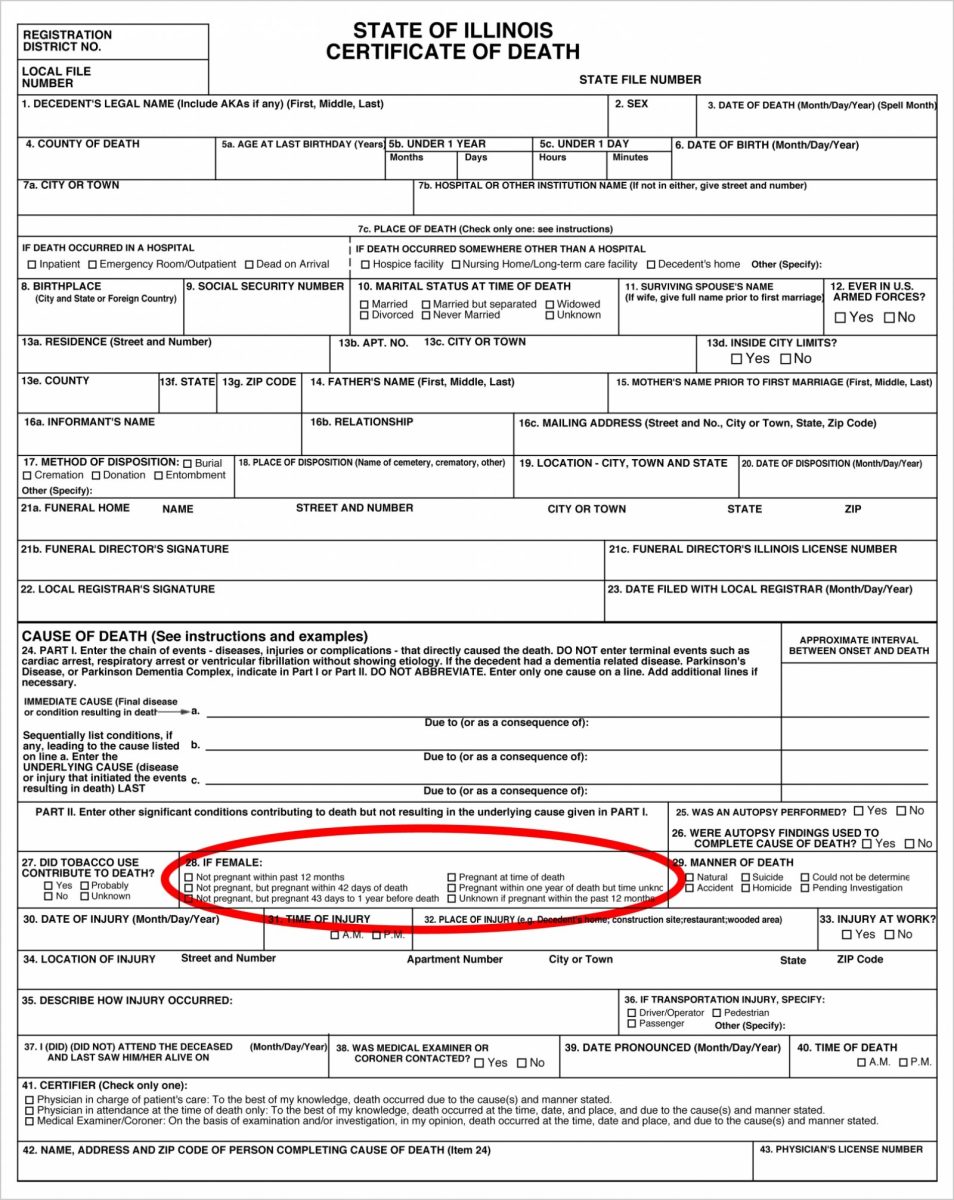 The standard U.S. death certificate includes a checkbox question asking whether the person who died, if female, was pregnant at the time or within a year of death.