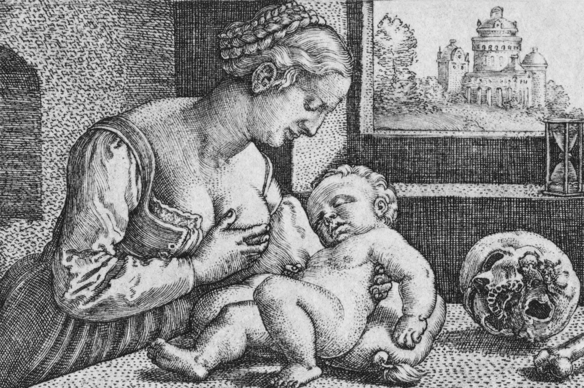 A mother breastfeeding her child, circa 1600.