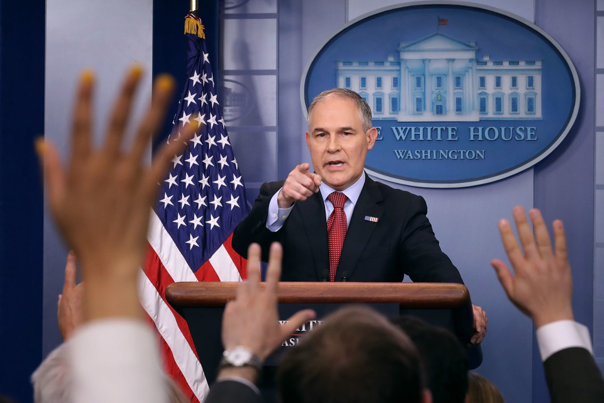 Environmental Protection Agency Administrator Scott Pruitt answers reporters' questions during a briefing at the White House on June 2nd, 2017, in Washington, D.C.