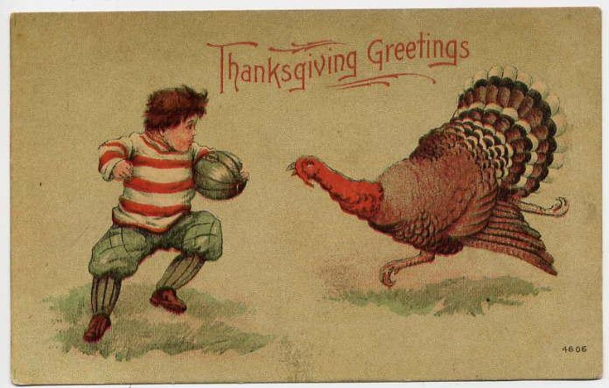 Thanksgiving postcard circa 1900 showing a turkey and a young football player.