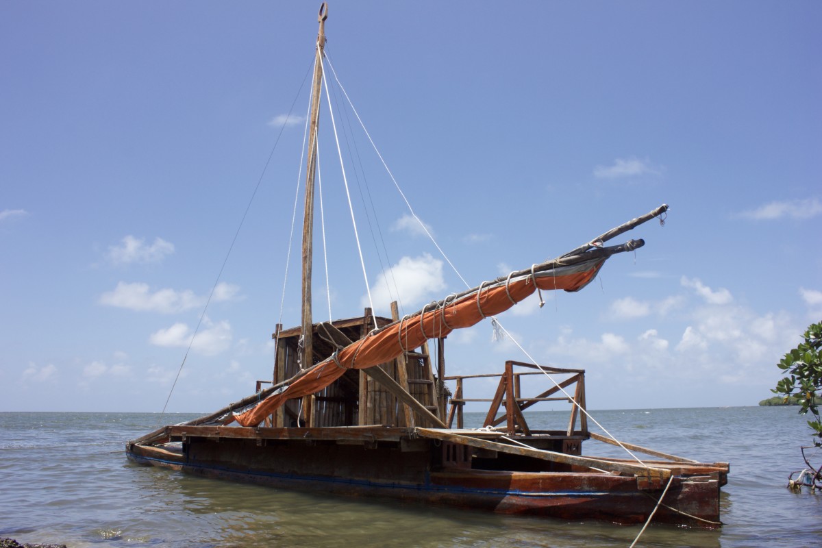A traditional drua, built by Semiti Paki and moored off Korova in Fiji.