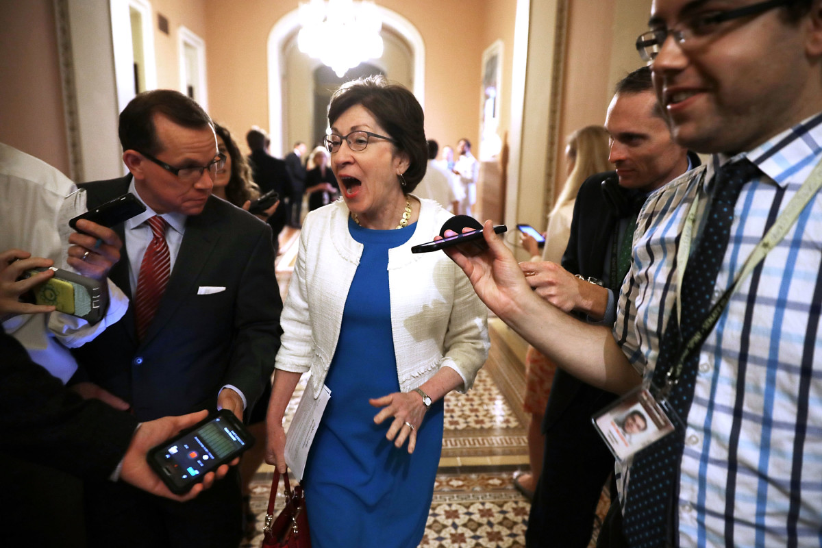 Senator Susan Collins talks to reporters following a Republican caucus meeting in the U.S. Capitol on July 27th, 2017, in Washington, D.C.
