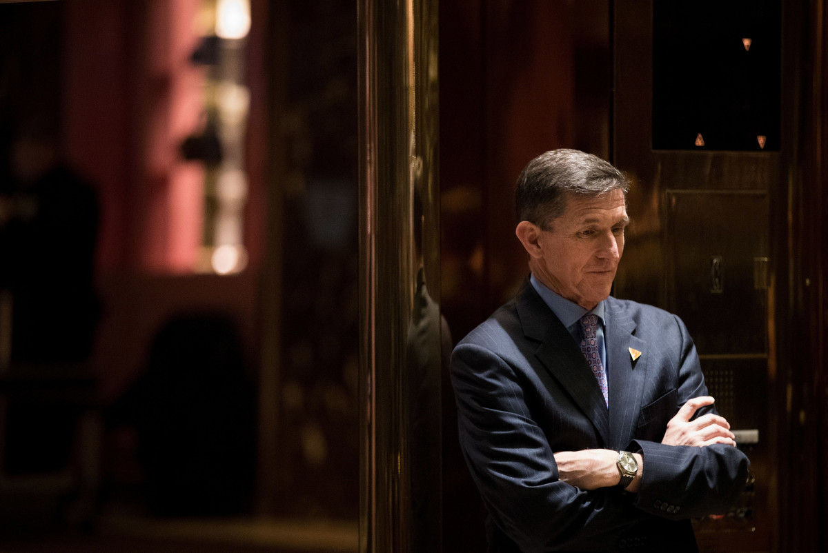 Retired Lt. Gen. Michael Flynn, President-elect Donald Trump's choice for National Security Advisor, waits for an elevator in the lobby at Trump Tower.