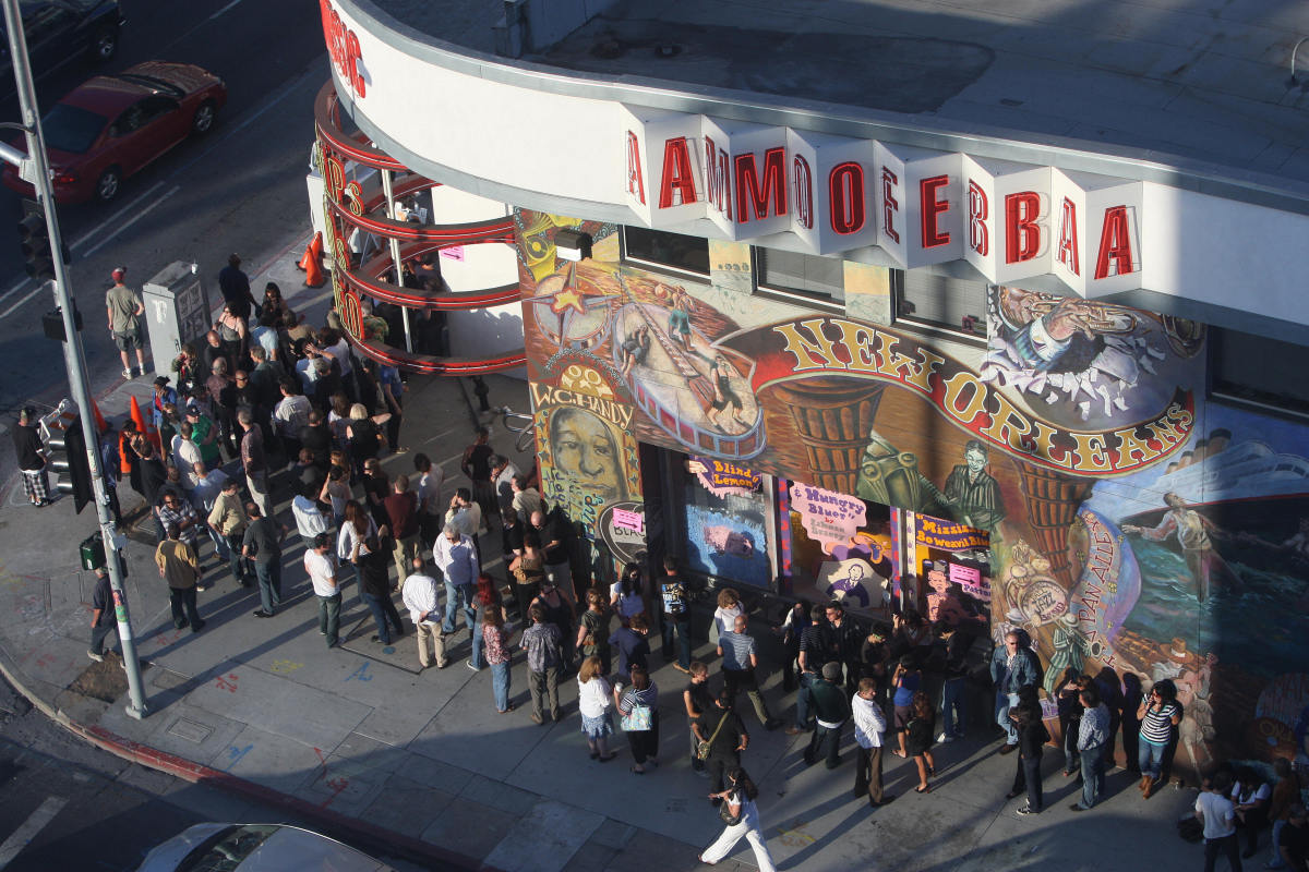 People wait in line outside the Amoeba record store in Los Angeles, California.