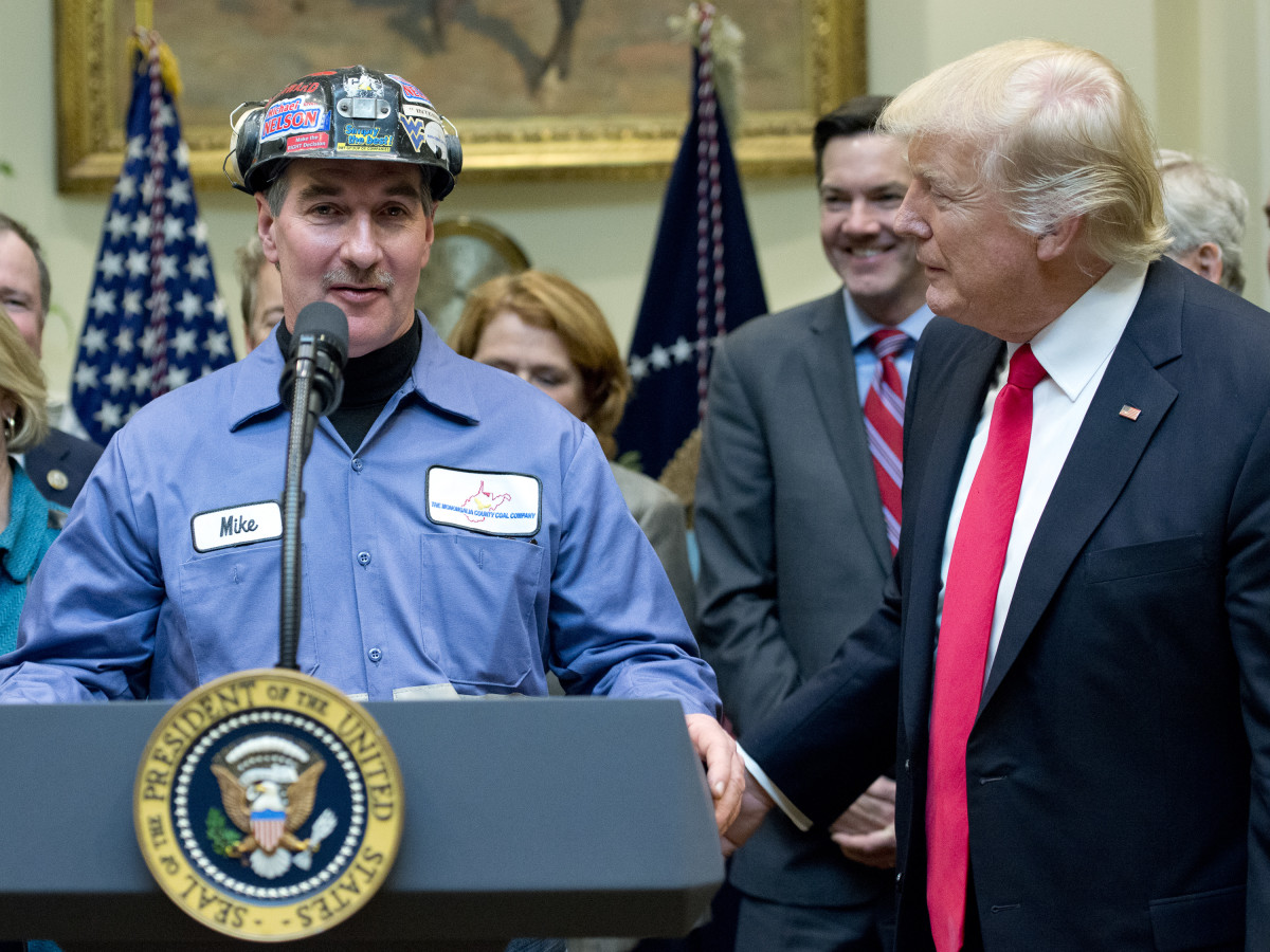 A coal miner identified only as Mike makes remarks prior to U.S. President Donald Trump signing H.J. Res. 38, disapproving the rule submitted by the U.S. Department of the Interior known as the Stream Protection Rule.