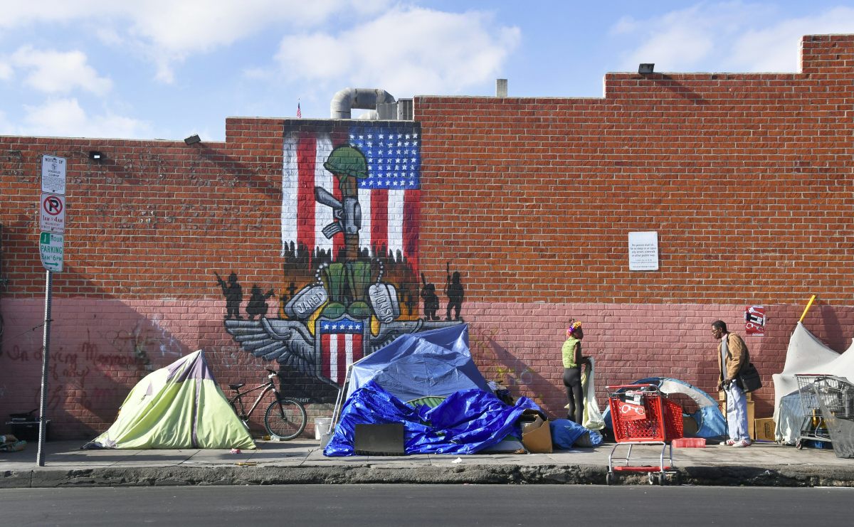A makeshift homeless encampment in Los Angeles, California.