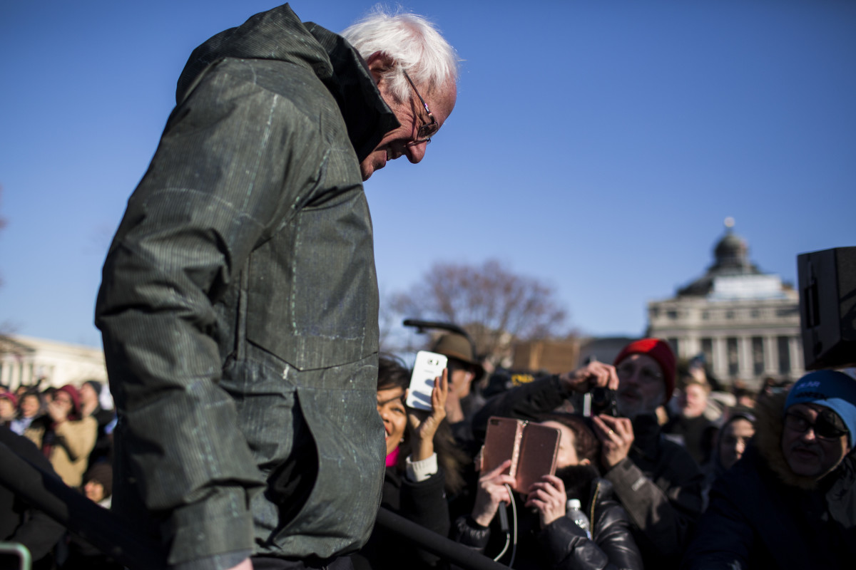 Senator Bernie Sanders leaves after speaking during a rally against the Republican tax plan on December 13th, 2017, in Washington, D.C.