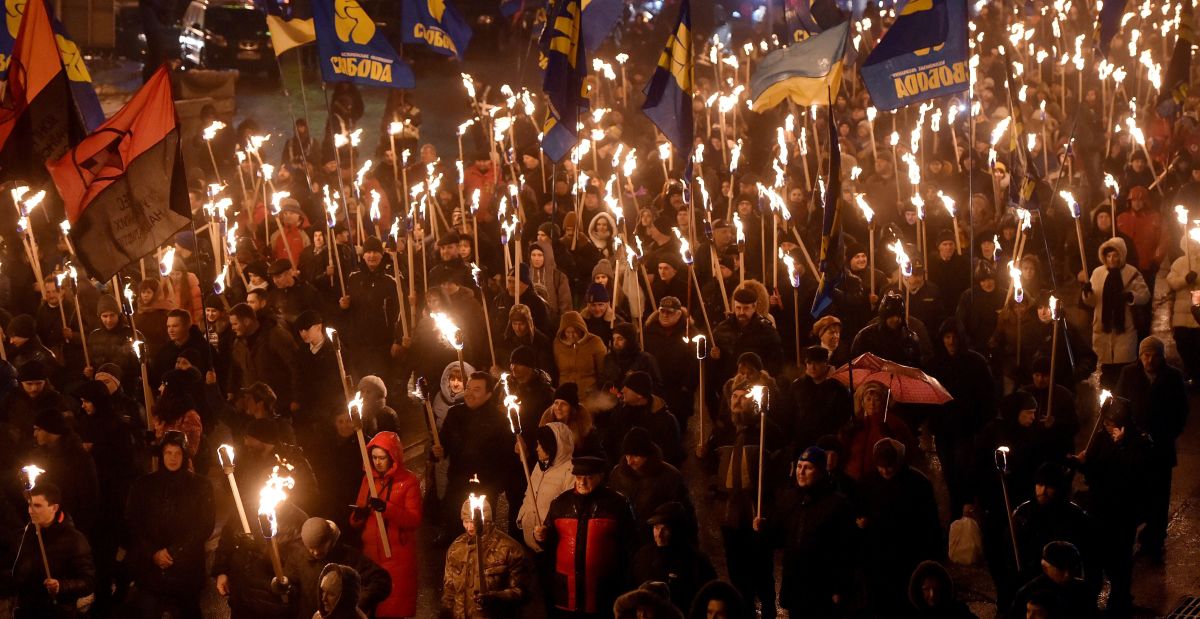 A mass march takes place in Kiev, Ukraine, on January 29th, 2018, to mark the 100th anniversary of a battle near the the small Ukrainian city of Kruty. On January 29th, 1918, Soviet Russia sought to absorb the then-Ukrainian state, sparking a clash between several hundred Ukrainian People's Republic's troops and several thousand soldiers of the Red Guard.