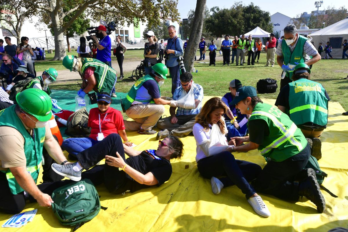 First responders tend to exercise victims, playing the role of earthquake casualties, during the 2017 Great California Shakeout earthquake drill at the Natural History Museum in Los Angeles, California, on October 19th, 2017.