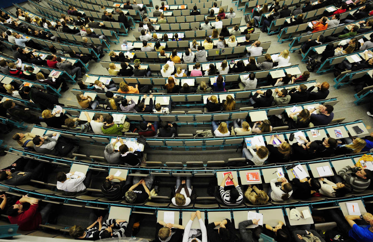 New students sit and wait to be welcomed in one of the lecture halls of the Johannes Gutenberg University in Mainz, Germany, on April 9th, 2008.