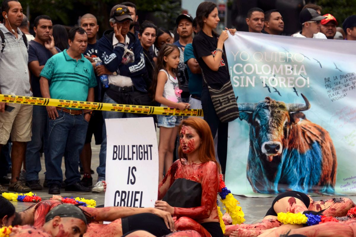 Activists protest against bullfighting at Botero Square in Medellín, Colombia, on February 11th, 2018.