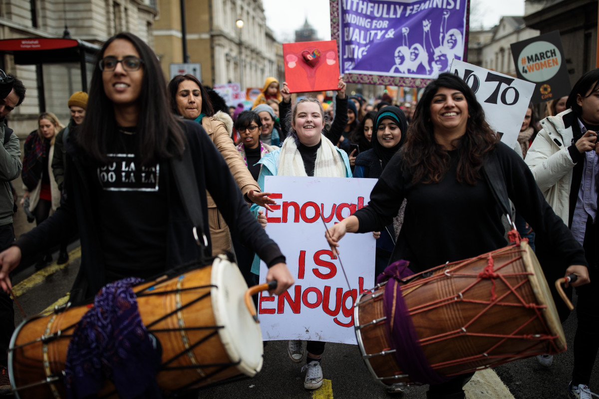 Thousands of protesters march during the March4Women event on March 4th, 2018, in London, England. Demonstrators called for an end to gender-based discrimination in the workplace.