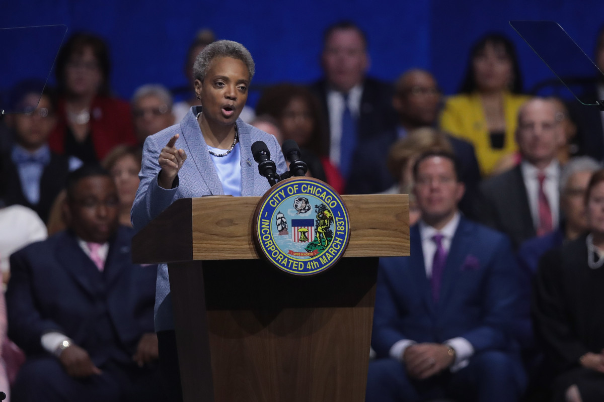 Lori Lightfoot addresses guests after being sworn in as mayor of Chicago during a ceremony at the Wintrust Arena on May 20th, 2019, in Chicago, Illinois. Lightfoot is the first black female and openly gay mayor in the city's history.