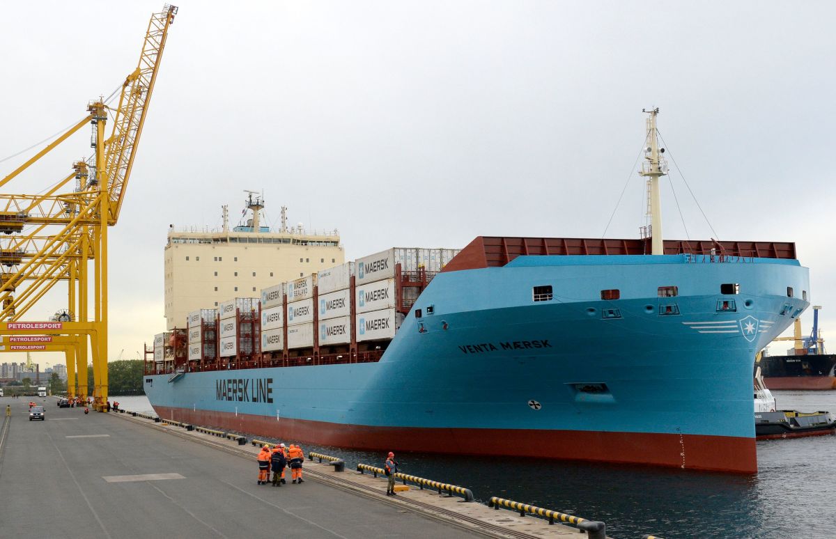 Maersk's new ice-class container vessel, Venta Maersk, loaded with Russian fish and South Korean electronics, arrives at the port of Saint Petersburg on September 28th, 2018, becoming the first container ship to navigate the Russian Arctic as the ice pack melts and recedes.