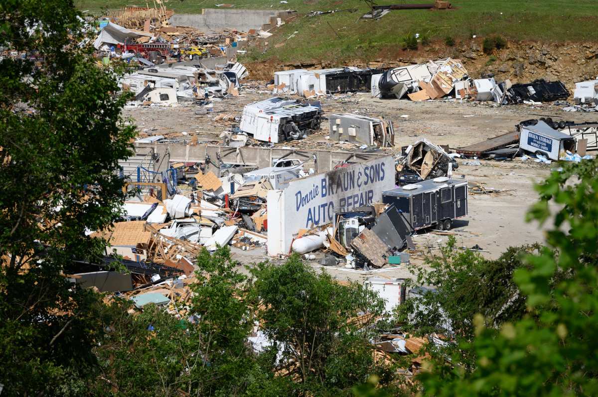 The remains of the Donnie Braun and Sons Auto Repair is seen on May 23rd, 2019, in Jefferson City, Missouri.