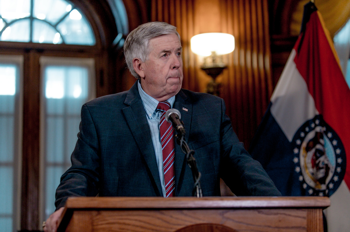 Missouri Governor Mike Parson listens to a media question during a press conference to discuss the status of license renewal for the St. Louis Planned Parenthood facility on May 29th, 2019, in Jefferson City, Missouri.
