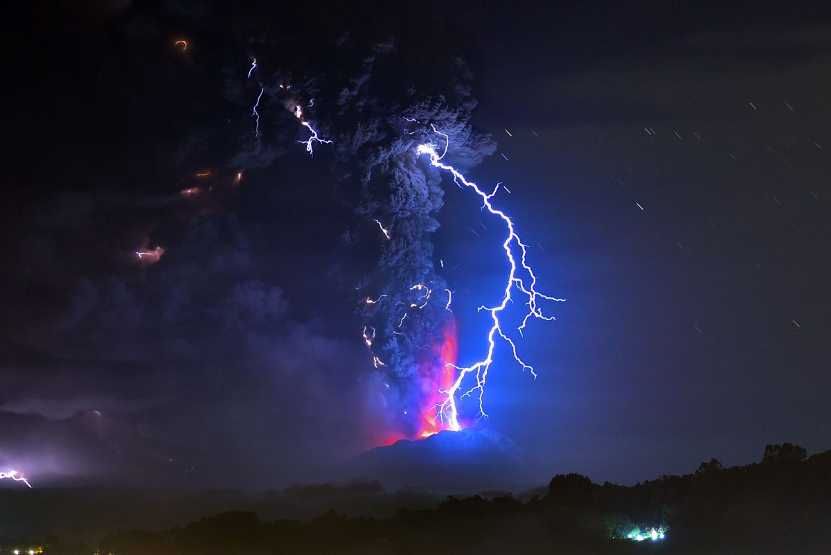 A view from Frutillar, Chile, showing volcanic lightning and lava spewed from the Calbuco volcano on April 23rd, 2015.