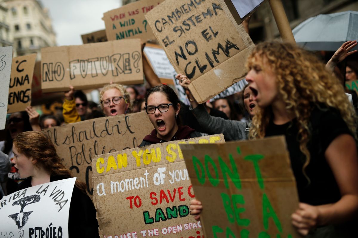 Young Spanish climate activists take part in a demonstration in Barcelona, Spain, on May 24th, 2019, as part of global protests demanding action against global warming.