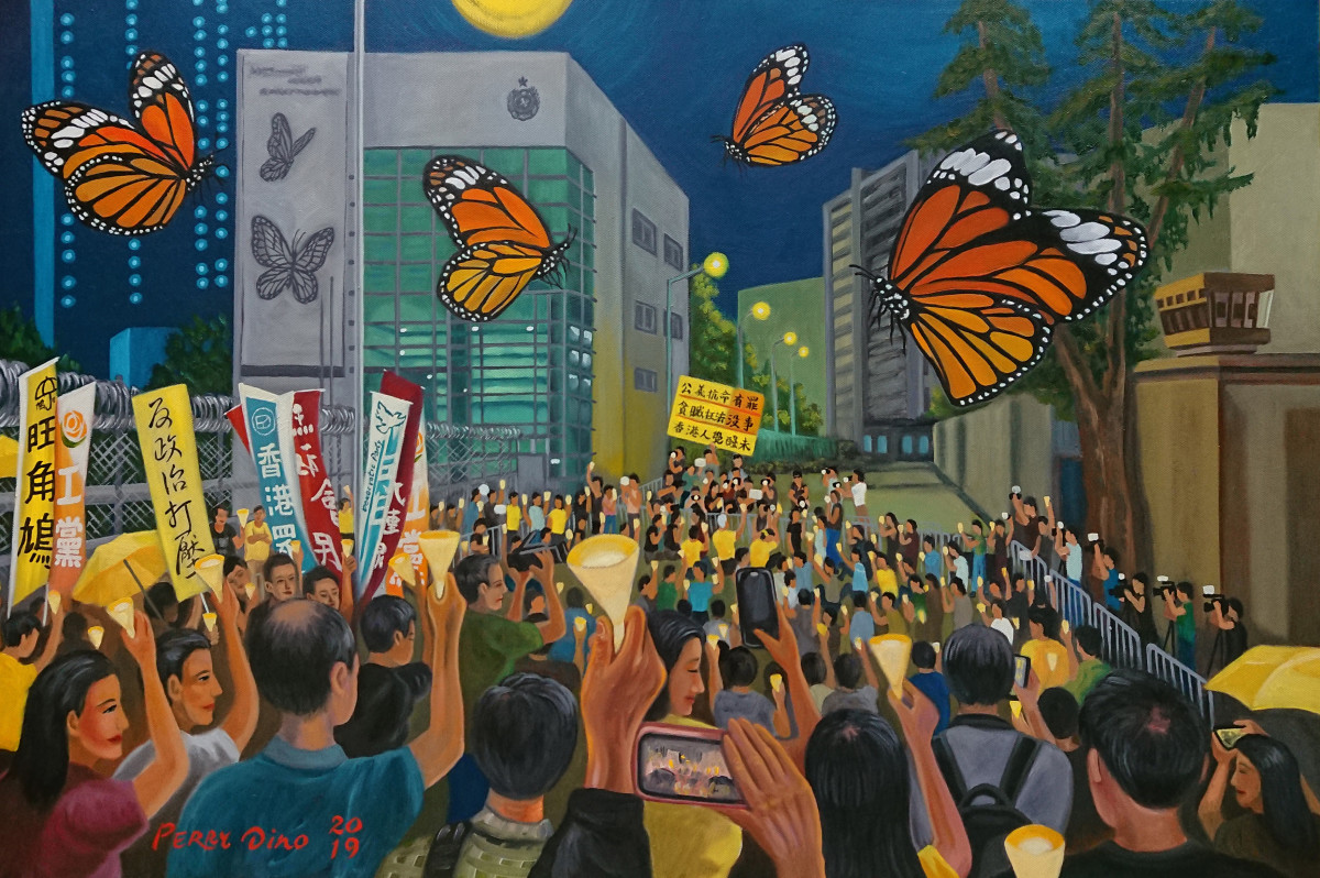 Four Umbrella Movement activists at Lai Chi Kok Reception Centre, by Perry Dino; oil on canvas, April 24th, 2019.