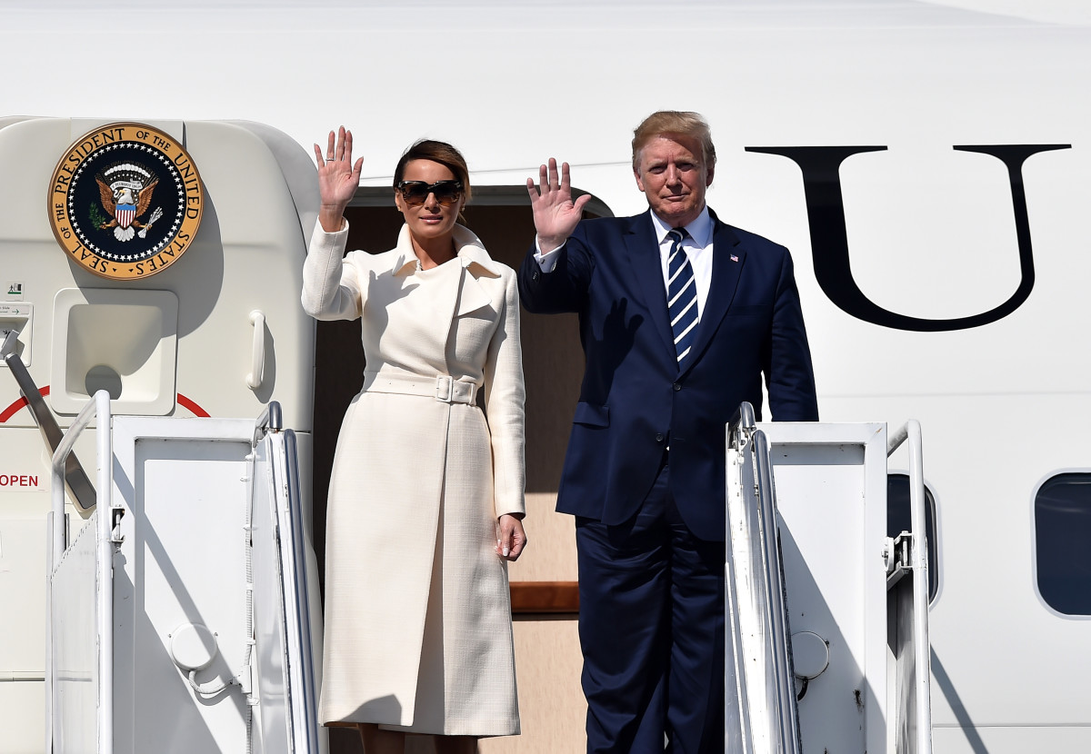 U.S. President Donald Trump disembarks Air Force One alongside First Lady Melania Trump after arriving at Shannon airport on June 5th, 2019, in Shannon, Ireland. Trump will use his Trump International golf resort in nearby Doonbeg as a base for his three-day stay in Ireland. The resort employs over 300 local people in the area and the village will roll out a warm welcome for the 45th President of the United States.