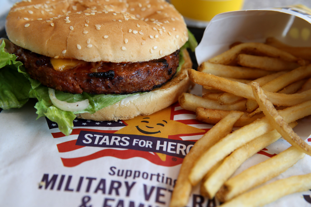 A Carl's Jr. Famous Star Beyond Meat burger is displayed at a Carl's Jr. restaurant on June 10th, 2019, in San Francisco, California. Plant-based burger company Beyond Meat has seen its stock price surge over 475 percent since its $25 IPO on May 1st.