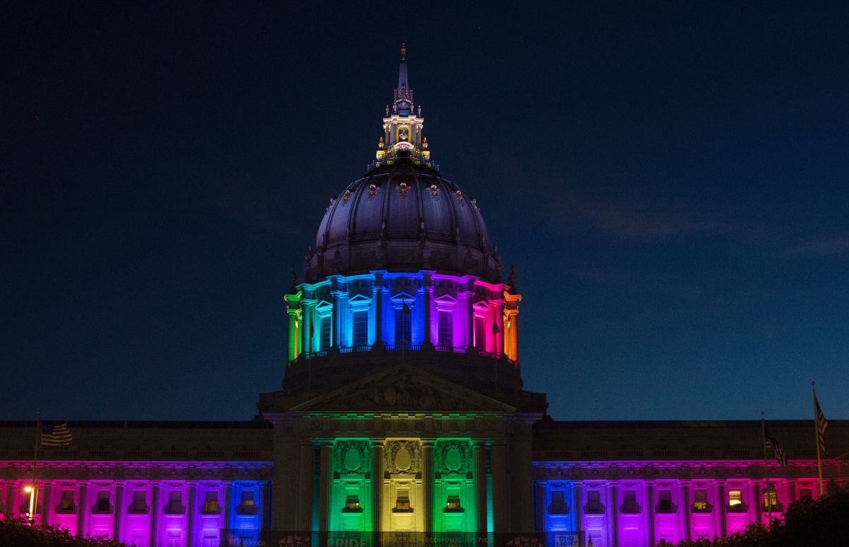 San Francisco City Hall is lit up in rainbow colors following Gay Pride on Sunday, June 26th, 2016.