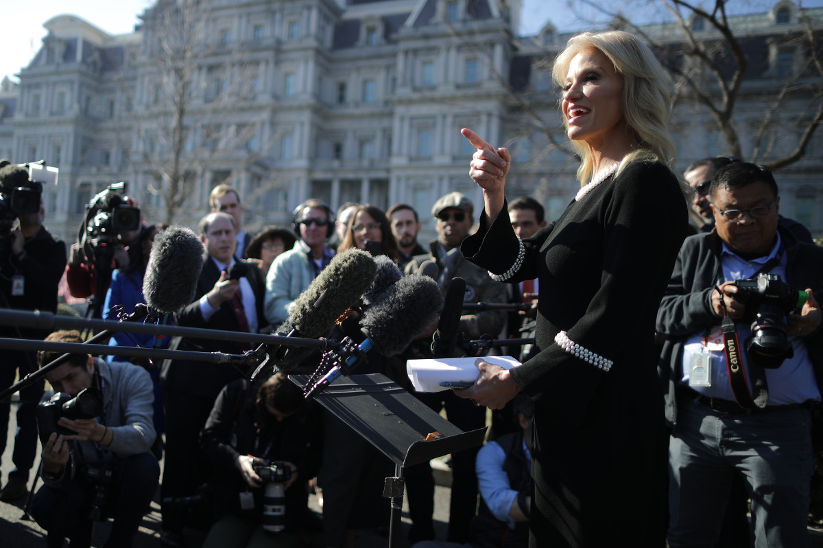 White House Counselor to the President Kellyanne Conway talks to journalists outside the West Wing of the White House on February 4th, 2019.