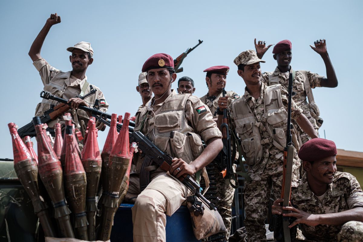 Members of Sudan's Rapid Support Forces, led by General Mohamed Hamdan Dagalo (deputy head of Sudan's ruling Transitional Military Council and commander of the paramilitaries, also known as Himediti), stand guard during the general's meeting with his supporters in Khartoum on June 18th, 2019. Sudanese protesters are seeking civilian rule as the Transitional Military Council retains power after the removal of Omar al-Bashir.