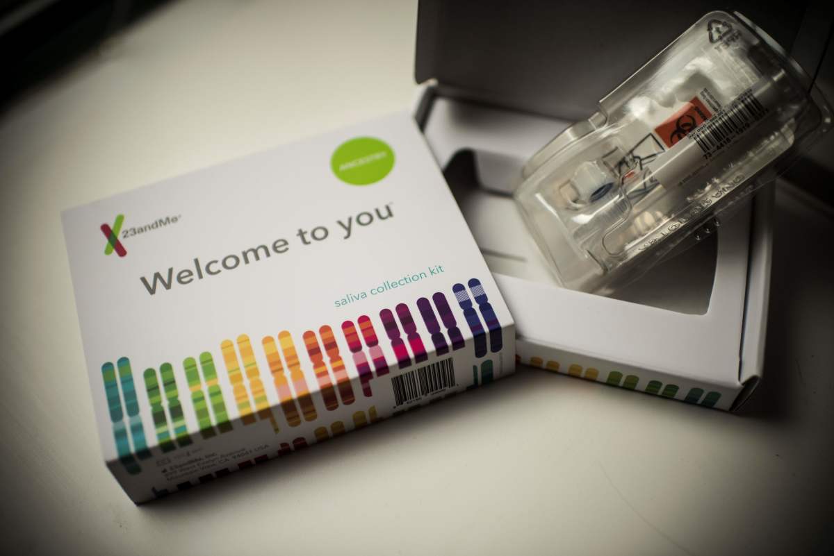 This illustration shows a saliva collection kit for DNA testing displayed in Washington, D.C., on December 19th, 2018.