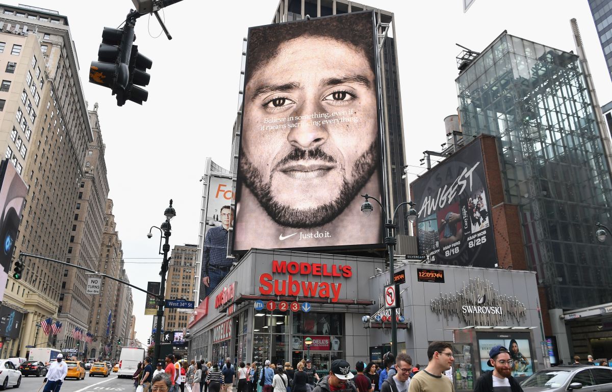 A Nike ad featuring American football quarterback Colin Kaepernick on display September 8th, 2018, in New York City.