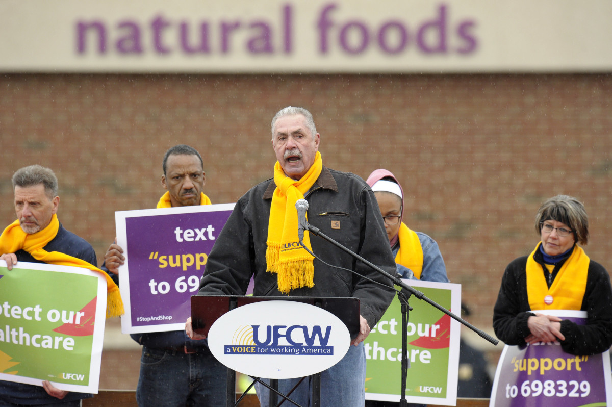 United Food and Commercial Workers President Marc Perrone addresses a rally in Dorchester, Massachusetts, organized by union members and attended by former Vice President Joe Biden, to support Stop and Shop employees striking throughout the region on April 18th, 2019.
