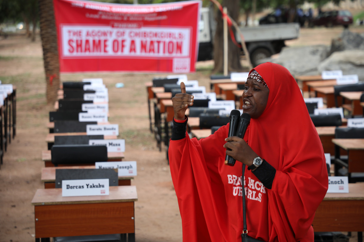 Aisha Yesufu, co-convener of the Bring Back Our Girls movement, delivers a speech on April 14th, 2019, during the fifth annual commemoration of the abduction of the 276 Chibok schoolgirls by Boko Haram from a government secondary school in Nigeria.