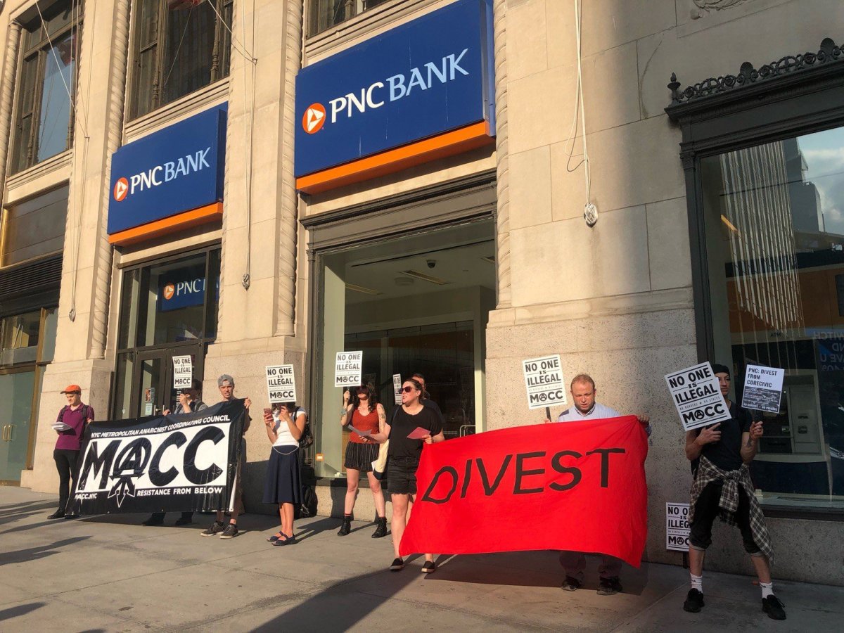Protesters outside a PNC bank location.