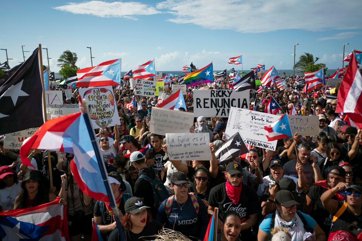 People take part in a demonstration demanding Governor Ricardo Rossello's resignation in San Juan, Puerto Rico, on July 17th, 2019.