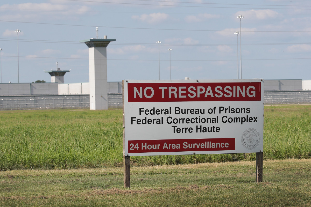 A sign warns away trespassers at the Federal Correctional Complex Terre Haute on July 25th, 2019, in Terre Haute, Indiana, where prisoners on federal death row are held.