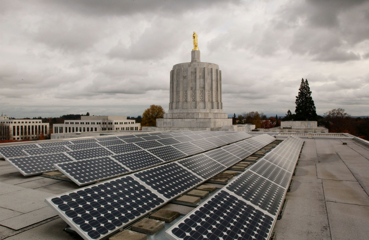 Photovoltaic solar panels on the west wing roof of the Oregon State Capitol, pictured on November 14th, 2005, in Salem, Oregon.