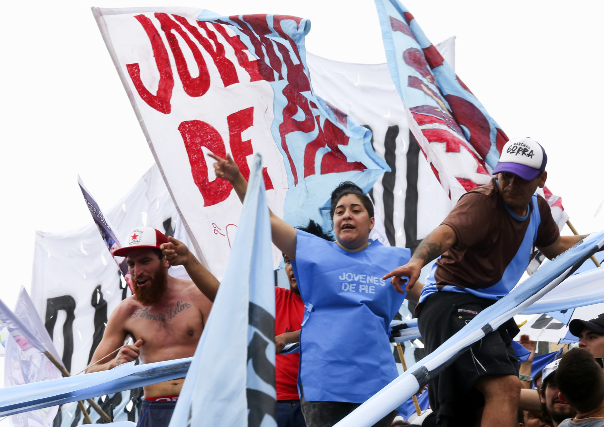 Demonstrators protest against the upcoming Group of Twenty (G20) summit in Leon Kolbowsky Stadium on November 27th, 2018, in Buenos Aires, Argentina. Leftist groups have planned more demonstrations and invited international activists to join them.