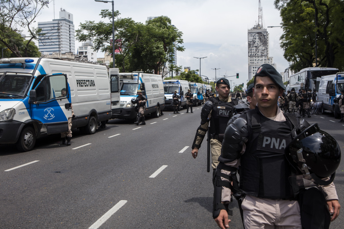 Military police prepare to clash with demonstrators around the G20 Leaders' Summit during a protest on November 30th, 2018, in Buenos Aires, Argentina.