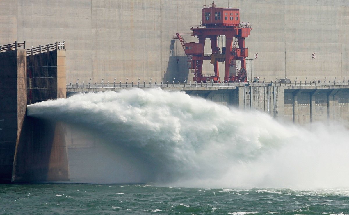 Water is released from one of the valves at the Three Gorges Dam project in Yichang of Hubei Province, China.