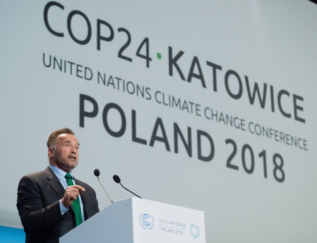 American actor and former Governor of California Arnold Schwarzenegger delivers a speech during the COP24 summit in Katowice, Poland, on December 3rd, 2018.