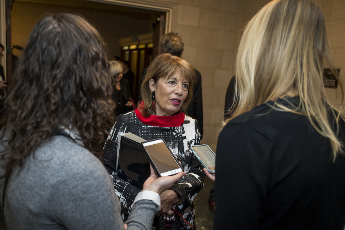 Representative Jackie Speier (D-California) speaks to members of the press during a Democratic Caucus meeting to elect new leadership on Capitol Hill on November 28th, 2018, in Washington, D.C.