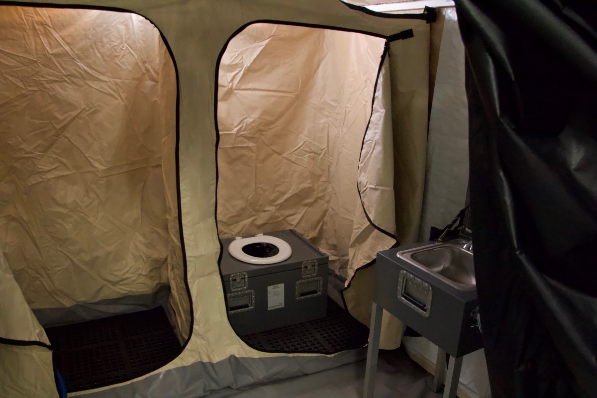 A latrine inside the field hospital clinic operated by the Mexican government.