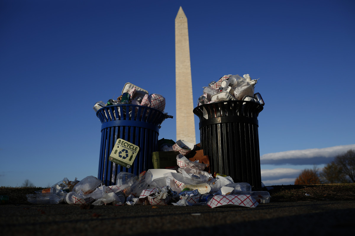 Trash begins to accumulate along the National Mall near the Washington Monument due to a partial shutdown of the federal government on December 24th, 2018 in Washington, D.C.