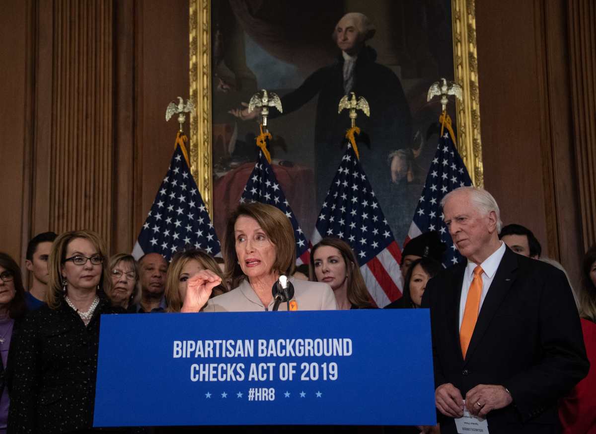 House Speaker Nancy Pelosi holds a press conference with former Arizona Representative Gabrielle Giffords and Representative Mike Thompson (D-California) to introduce legislation expanding background checks for gun sales at the Capitol in Washington, D.C., on January 8th, 2019.