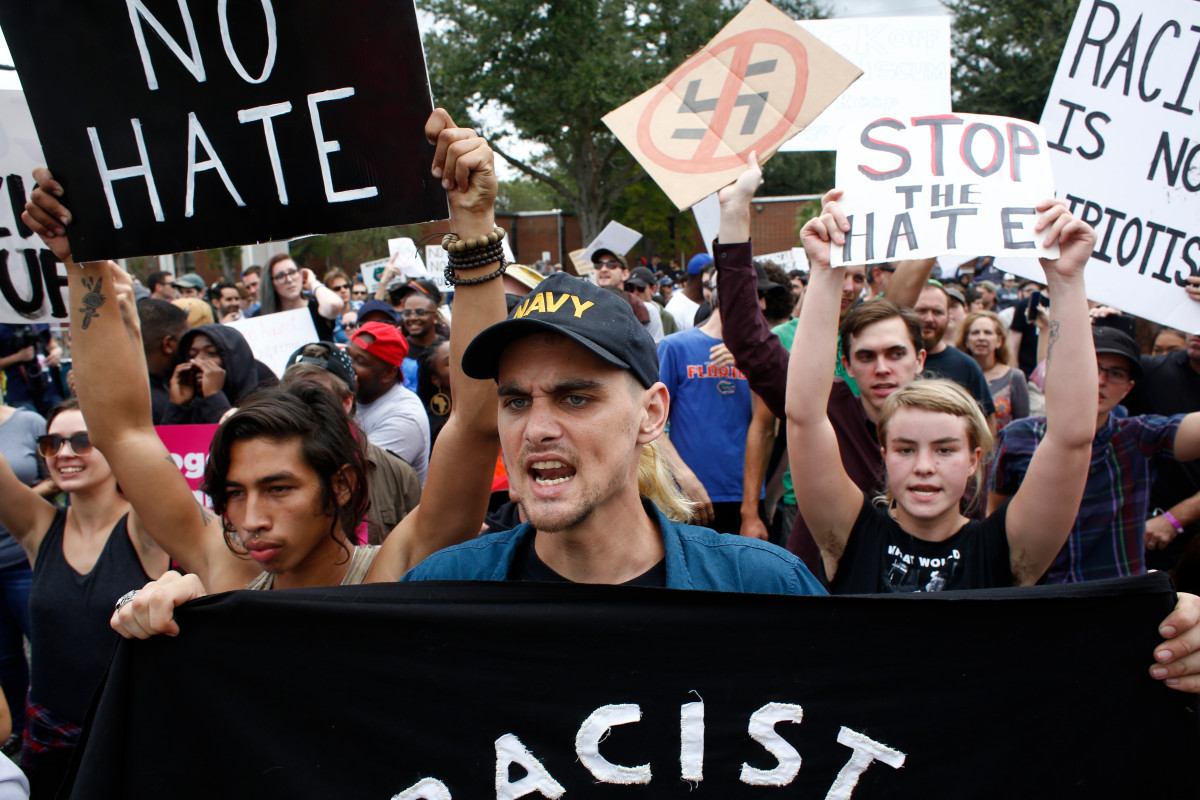 Demonstrators gather at the site of a planned speech by white nationalist Richard Spencer at the University of Florida campus on October 19th, 2017, in Gainesville, Florida.