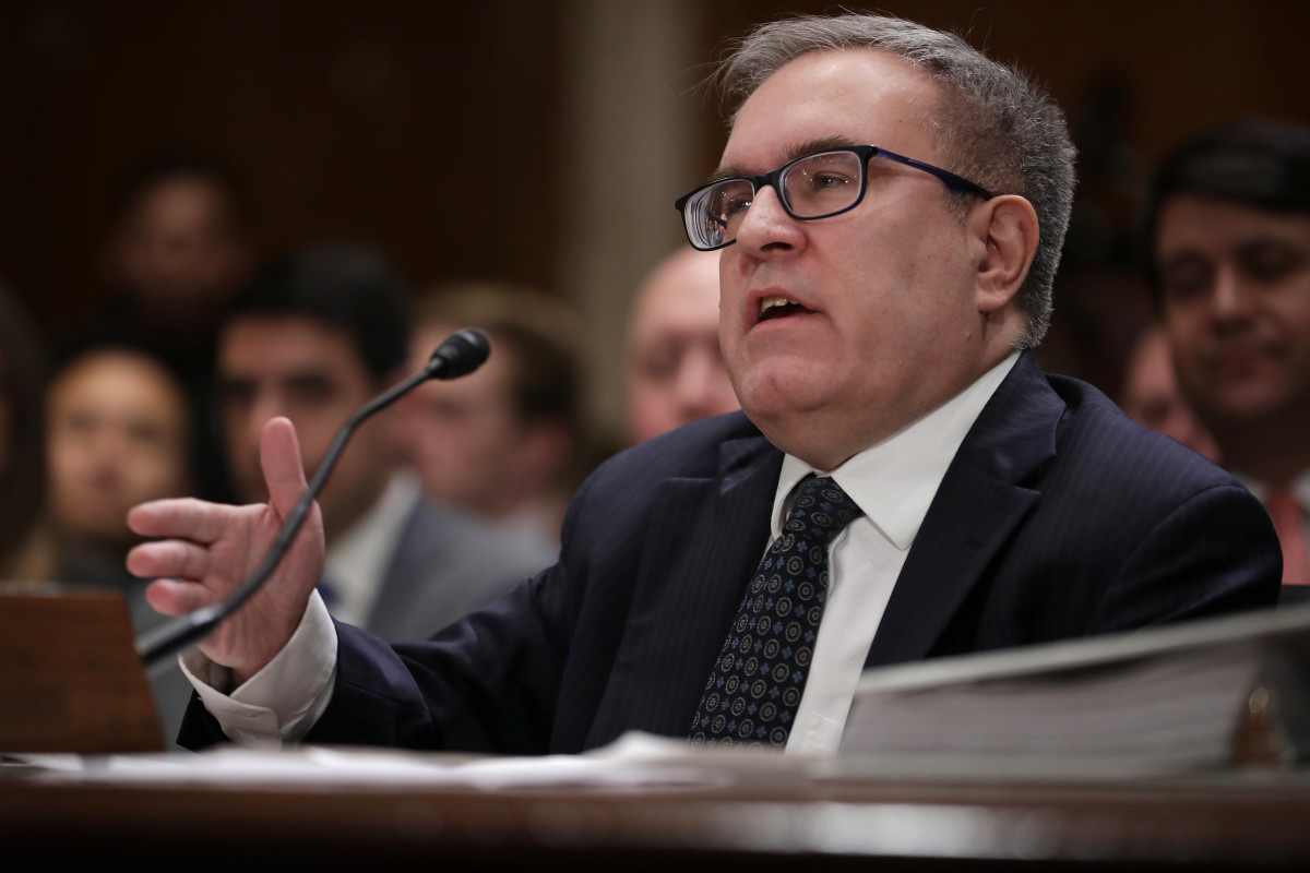 Andrew Wheeler answers senators' questions during his confirmation hearing to be the next administrator of the Environmental Protection Agency before the Senate Environment and Public Works Committee in the Dirksen Senate Office Building on Capitol Hill on January 16th, 2019, in Washington, D.C.