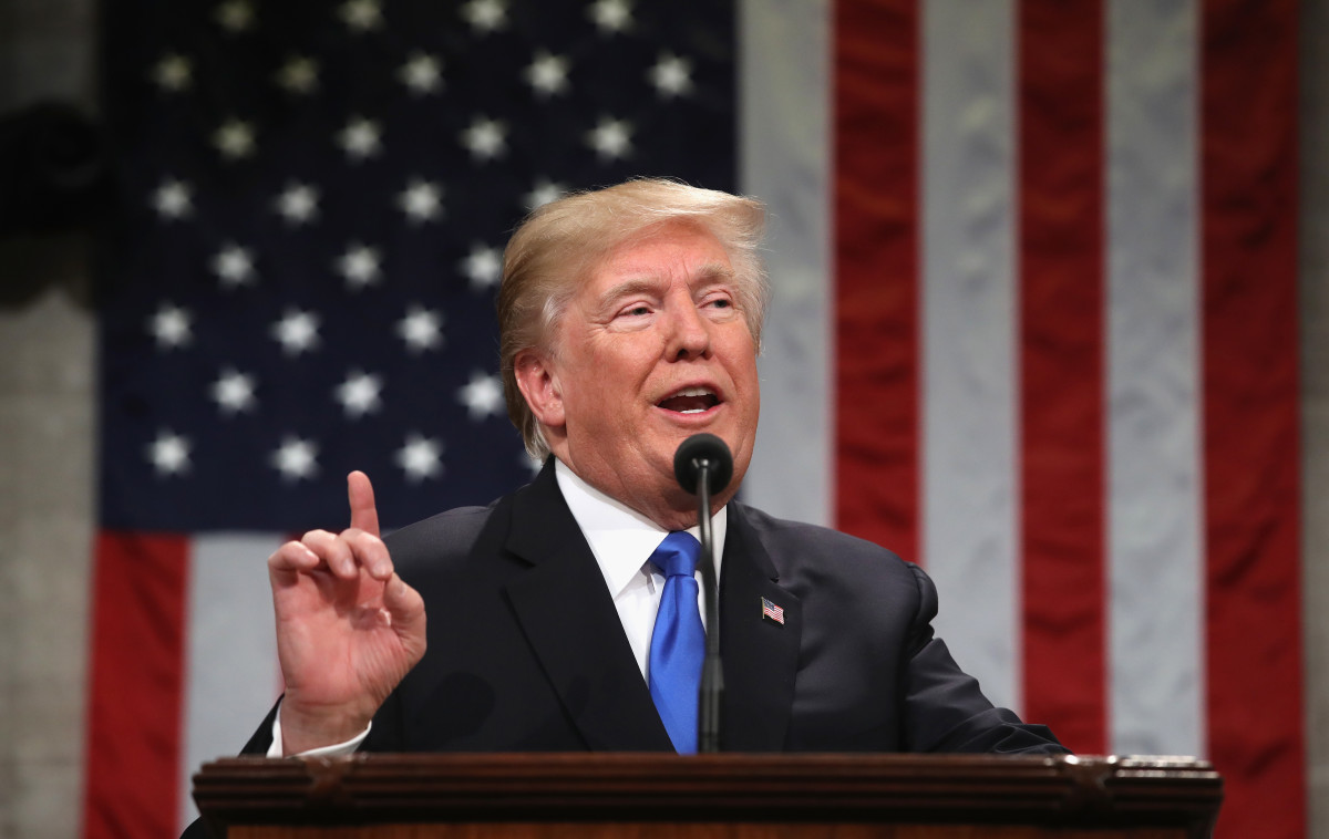 President Donald Trump gestures during the 2018 State of the Union address.