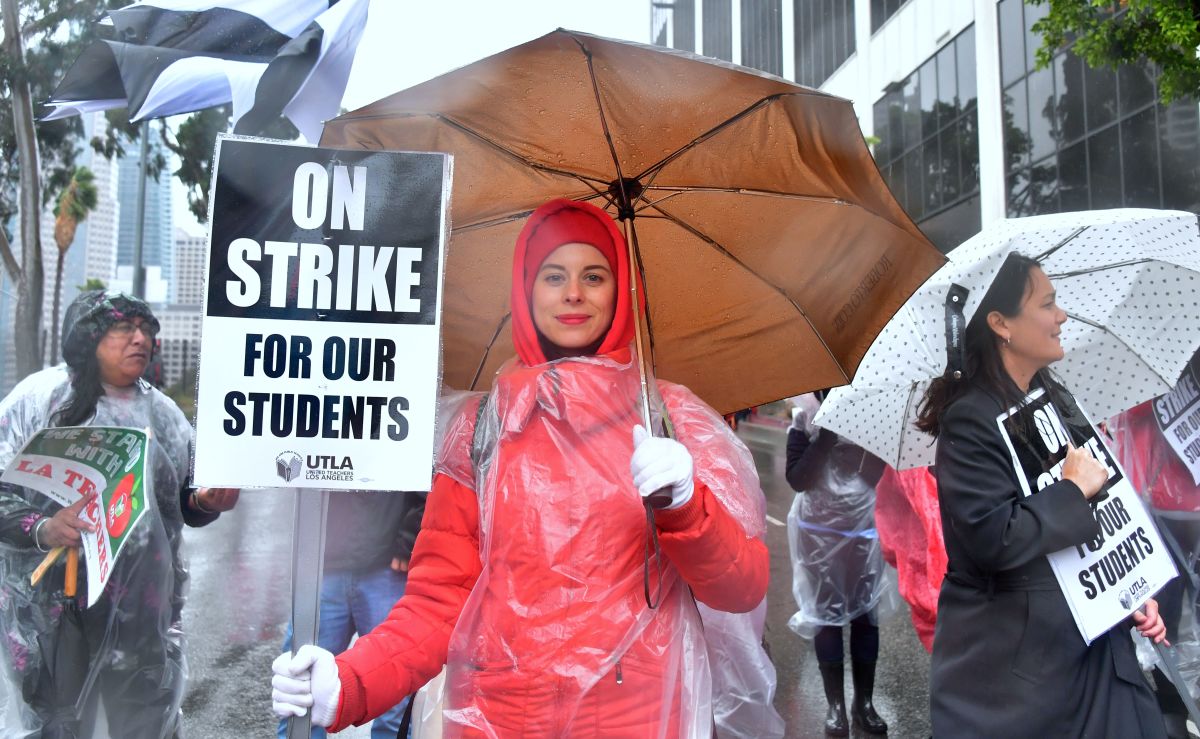 Yevgeniya Pokhilko was one of thousands of teachers who marched in the rain through Los Angeles, California, on January 14th, 2019.