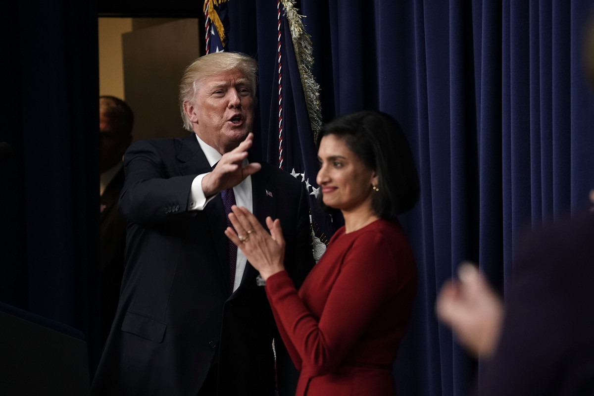 President Donald Trump with Seema Verma, administrator of the Centers for Medicare and Medicaid Services, at the South Court Auditorium of the Eisenhower Executive Office Building on January 18th, 2018, in Washington, D.C.