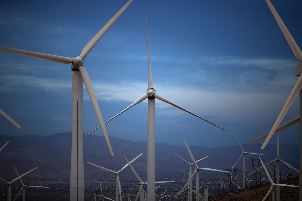 Electric energy generating wind turbines are seen on a wind farm in the San Gorgonio Pass area on Earth Day, April 22nd, 2016, near Palm Springs, California. San Gorgonio Pass is one of the largest wind farm areas in the United States.